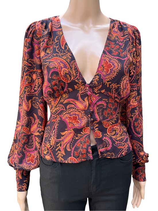 Dynamite Tops - Dynamite Paisley Bishop Sleeve Button Front Blouse XS